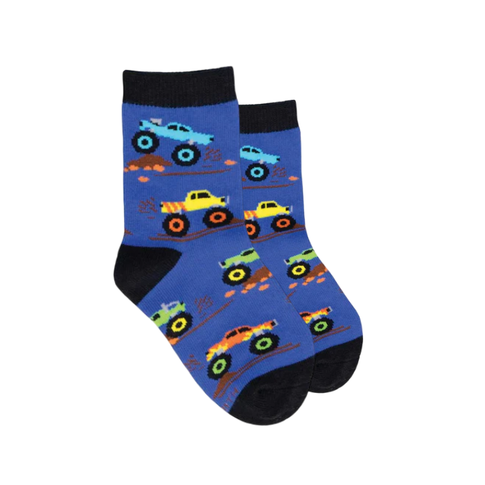 Kid's dark blue Socksmith sock with monster trucks and black cuff, heel and toe cap.
