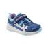 Navy metallic sneaker with Velcro strap, mesh details, light blue and purple accents and white outsole.