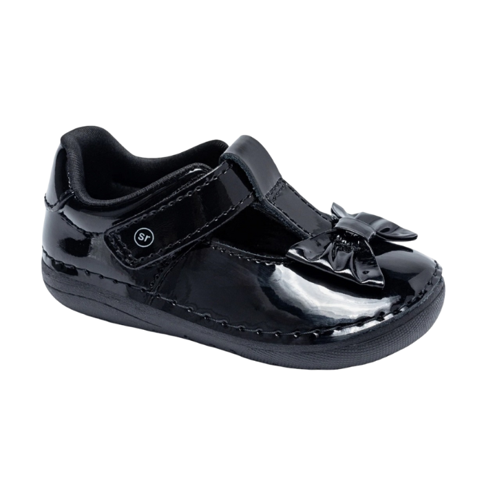 Black Patent kids Mary-Jane with Velcro closure and patent bow on toe.