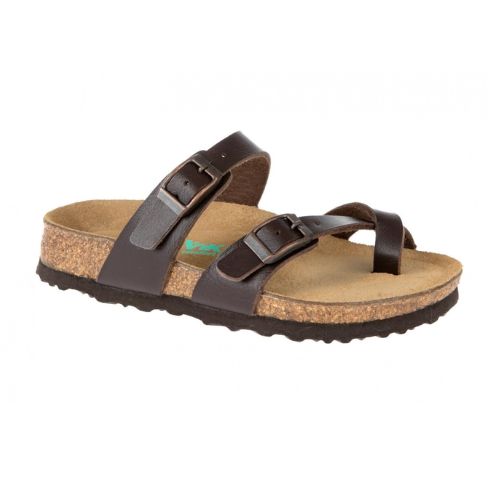 Brown supportive sandal with toe loop, two adjustable buckle closures and a black oustole.