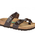 Brown supportive sandal with toe loop, two adjustable buckle closures and a black oustole.