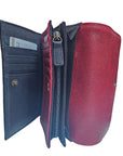 Interior of black leather wallet showing red accent panels, card slots and zippered pockets.