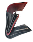Side of black leather wallet with red accent panels, card slots and zippered pocket.