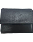 Black leather wallet with folded over front flap.