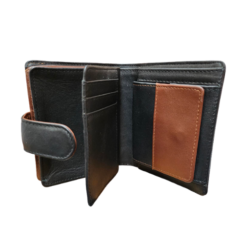 Interior of brown and black leather wallet coin and card slots, snap closures and cash pockets at back.