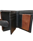 Interior of brown and black leather wallet coin and card slots, snap closures and cash pockets at back.
