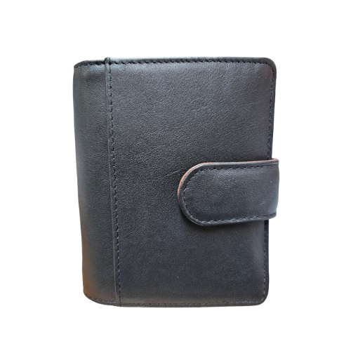 Black leather wallet with brandy accents and snap closure.
