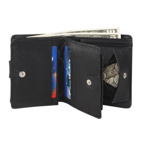 Interior of black leather wallet coin and card slots, snap closures and cash pockets at back.