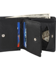 Interior of black leather wallet coin and card slots, snap closures and cash pockets at back.