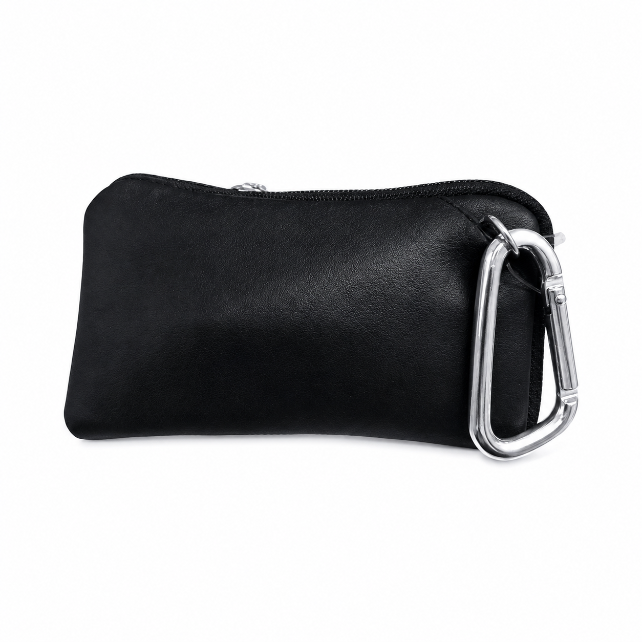 Black pouch with a silver carabiner.
