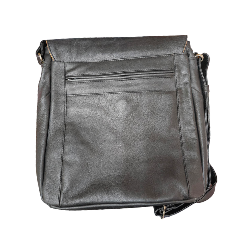 Black leather shoulder bag back with one zipper and shoulder strap.