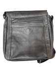 Black leather shoulder bag back with one zipper and shoulder strap.