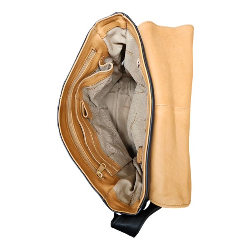 Open black leather bag with tan interior pockets.