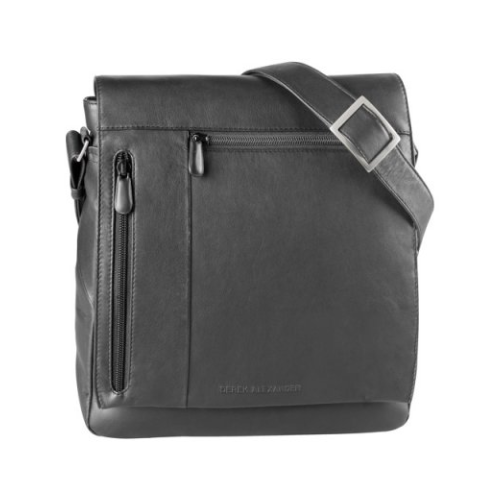 Black leather shoulder bag with a strap and two front zippers.