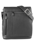 Black leather shoulder bag with a strap and two front zippers.