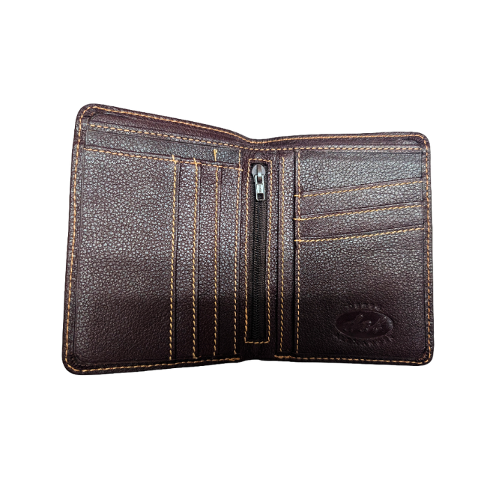 Interior of dark brown wallet with various card slots, zippered middle slot and back cash slot.