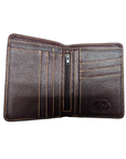 Interior of dark brown wallet with various card slots, zippered middle slot and back cash slot.