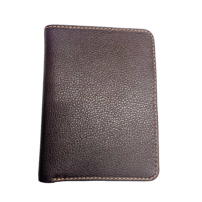 Dark brown slim rectangle bi-fold wallet.