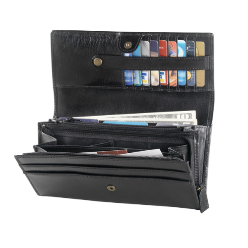 Black leather wallet with card slots and billfold compartments.