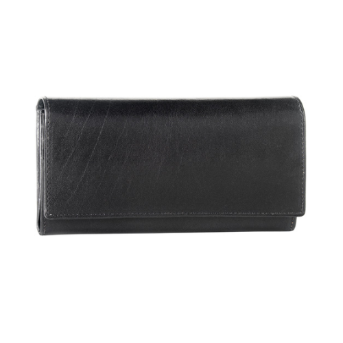 Black leather front flap clutch.
