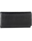 Black leather front flap clutch.