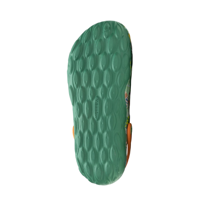 Green sandal outsole with textured pattern and Merrell logo in middle.