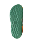 Green sandal outsole with textured pattern and Merrell logo in middle.