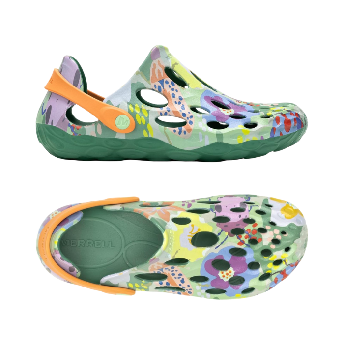 Pair of Floral patterned EVA sandals with green base color, large perforated holes throughout upper, orange accent heel and bubble green outsole.e