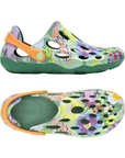 Pair of Floral patterned EVA sandals with green base color, large perforated holes throughout upper, orange accent heel and bubble green outsole.e