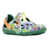 Floral pattern EVA sandal with green base color, large perforated holes throughout upper, orange accent heel and bubble green outsole.