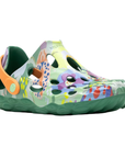 Floral pattern EVA sandal with green base color, large perforated holes throughout upper, orange accent heel and bubble green outsole.