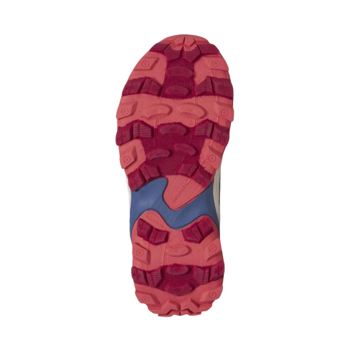 Coral pink and fuchsia pink lugged outsole with blue accent waved horizontally across middle.