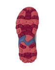 Coral pink and fuchsia pink lugged outsole with blue accent waved horizontally across middle.