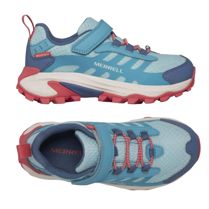Pair of turquois sneakers with navy blue, and coral pink accents, Velcro strap, elastic lacing, navy Merrell logo'd footbed, white midsole and a pink lugged outsole.