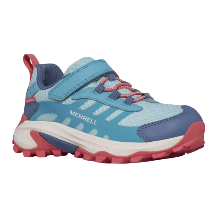 Turquois sneaker with navy blue, and coral pink accents, Velcro strap, elastic lacing, white midsole and a pink lugged outsole.
