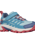 Turquois sneaker with navy blue, and coral pink accents, Velcro strap, elastic lacing, white midsole and a pink lugged outsole.
