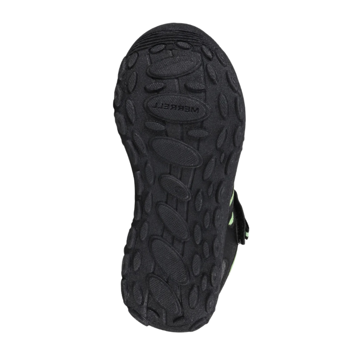 Black treaded outsole with Merrell logo stamped in.