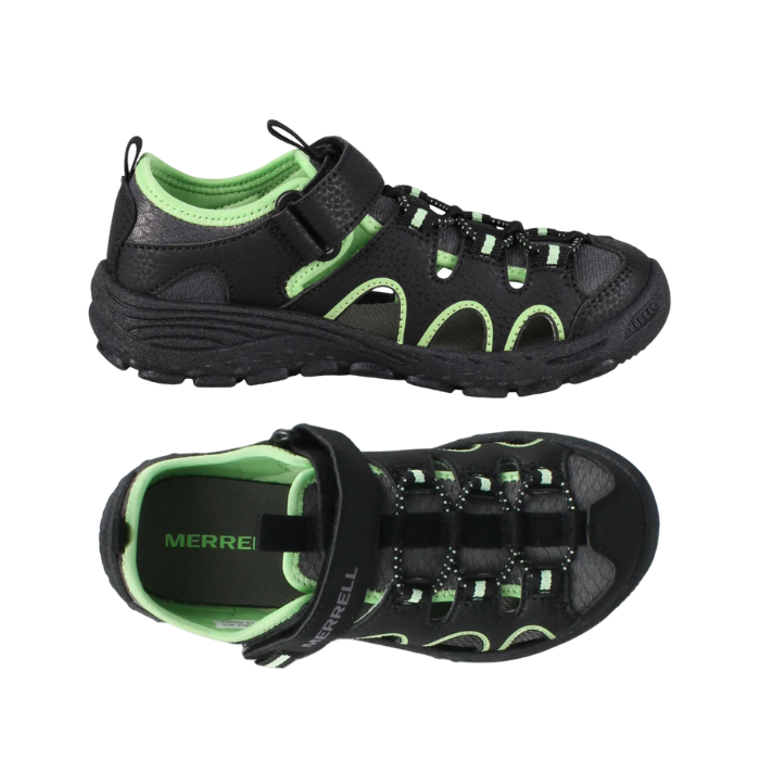 Pair of Black fisherman sandals with Velcro strap, bungee lacing, lime Merrell logo'd footbed and a black outsole.