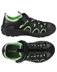 Pair of Black fisherman sandals with Velcro strap, bungee lacing, lime Merrell logo'd footbed and a black outsole.