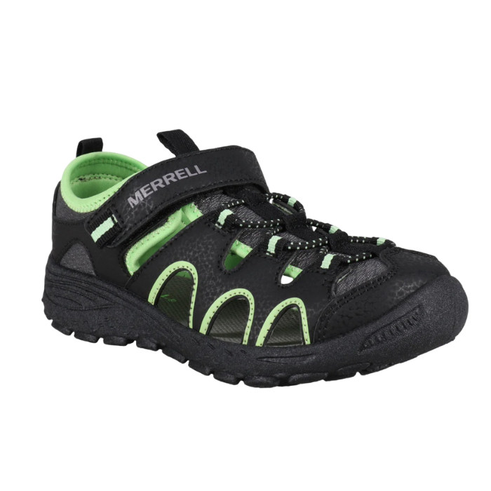 Black fisherman sandal with Velcro strap, bungee lacing, lime green accents and a black outsole.