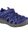 Blue fisherman sandal with Velcro strap, bungee lacing and a gray outsole.