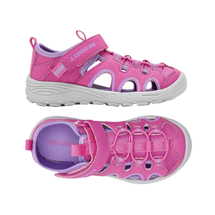 Pair of pink fisherman sandals with Velcro strap, bungee lacing, lavender Merrell logo'd footbed and a gray outsole.