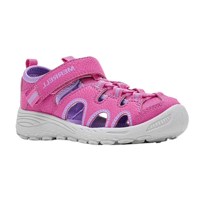 Pink fisherman sandal with Velcro strap, bungee lacing, purple accents and a gray outsole.
