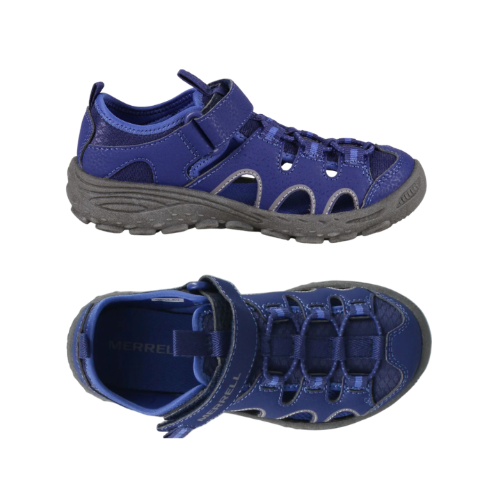Pair of Blue fisherman sandals with Velcro strap, bungee lacing, navy Merrell logo'd footbed and a gray outsole.