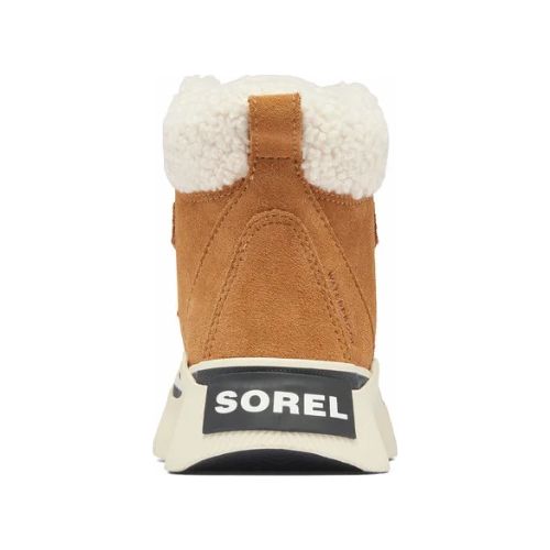 Tan suede kids winter boot with white fur cuff and Sorel logo on bottom.
