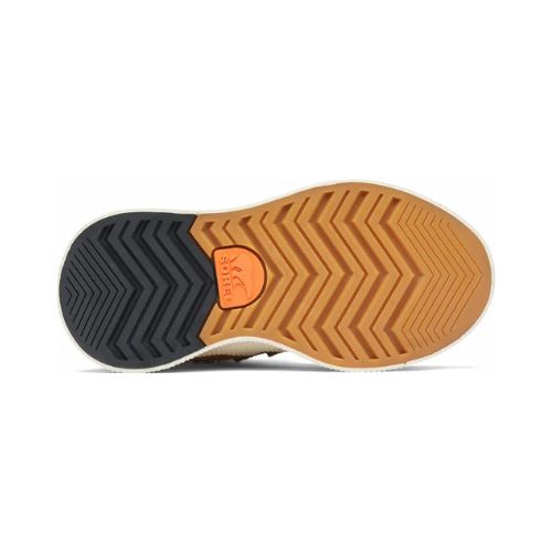 Black and tan zig-zag pattern outsole with orange Sorel logo in middle.
