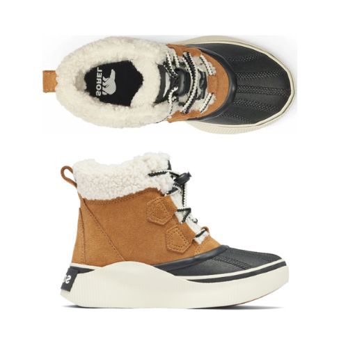 Pair of Kid's tan ankle winter lace-up boots with cream fur collar, accent black mid wrap with white midsole and tan rubber outsole.