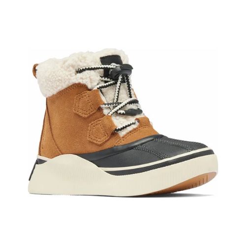 Kid's tan ankle winter lace-up boots with cream fur collar, accent black mid wrap with white midsole and tan rubber outsole.