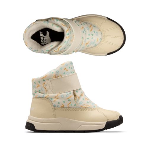 Pair of toddler ankle boot with white base, orange, blue and green squiggly and geometric pattern, beige velcro strap, black Sorel logo'd footbed and a white and  black outsole. 