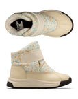 Pair of toddler ankle boot with white base, orange, blue and green squiggly and geometric pattern, beige velcro strap, black Sorel logo'd footbed and a white and  black outsole. 